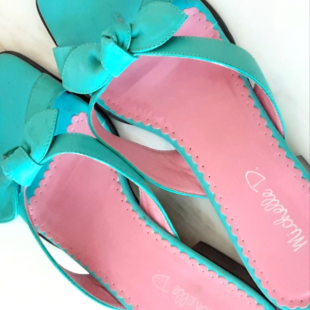VTG 90s MICHELLE D TEAL LEATHER BOW TIE SLIDES SZ 9M - Picture 3 of 6